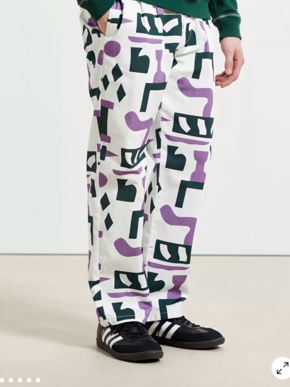 Lazy Oaf White Cargo Pants with Purple & Dark Green Geometric Print